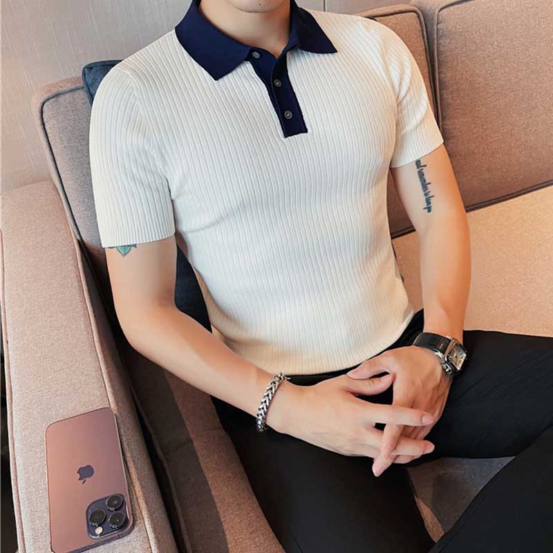 Men's Business Knitted Polo Collar Ice Silk Short-sleeved T-shirt