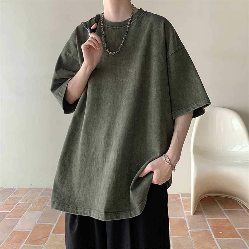 Men's Summer Loose Solid Color Neutral Style Retro All-match Round Neck Short Sleeves