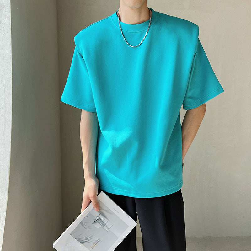 Men's Loose Casual Solid Color Shoulder Pad Short Sleeve Round Neck T-Shirt