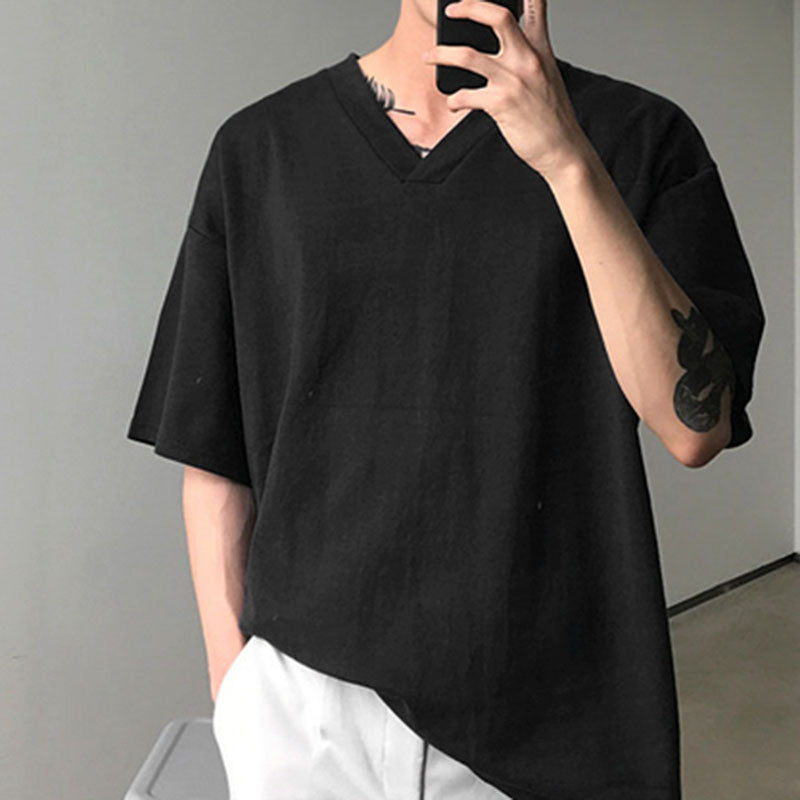 Solid Color Loose V-Neck Short Sleeve T-Shirt