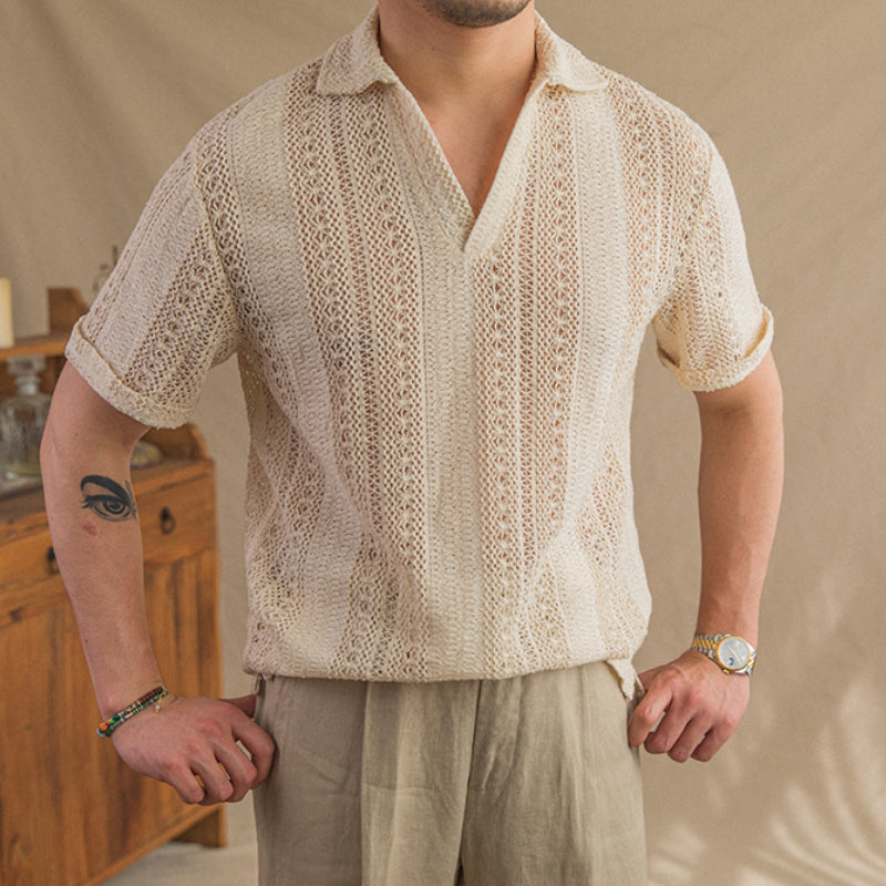 Vintage Hollow Short Sleeve POLO Collar Gentleman T-Shirt