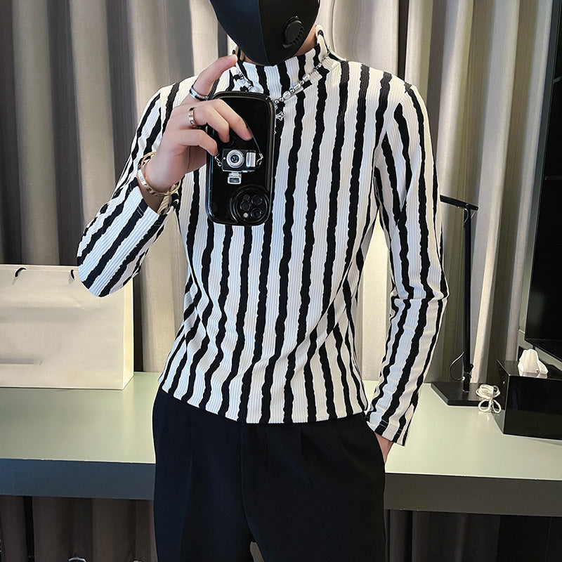 Men's Half Turtleneck Long-sleeved Striped Bottoming T-shirt