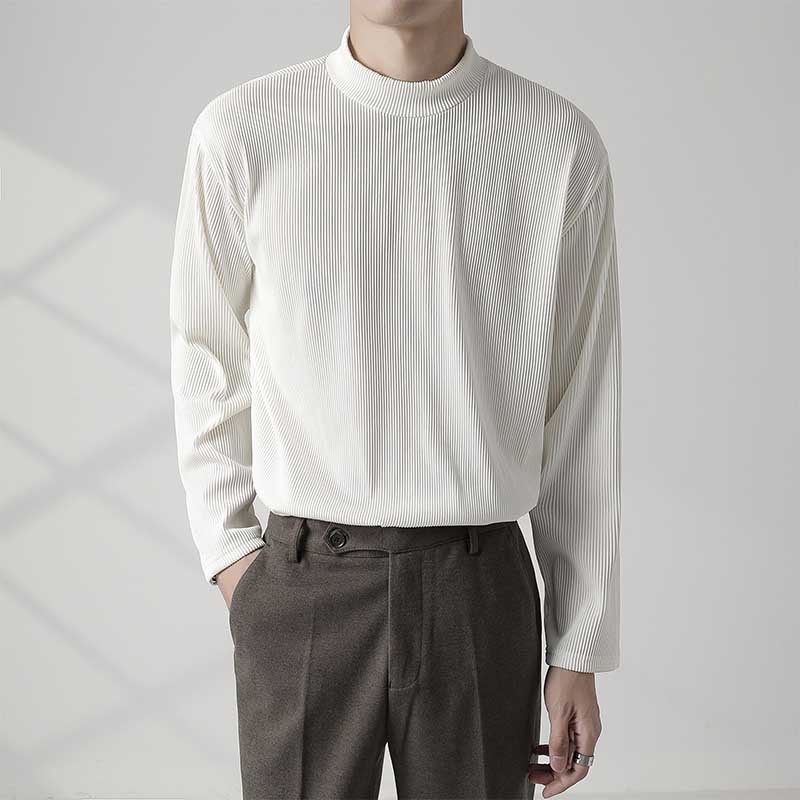 Men's Half High Neck Round Neck Loose Long Sleeve Solid Color T-Shirt