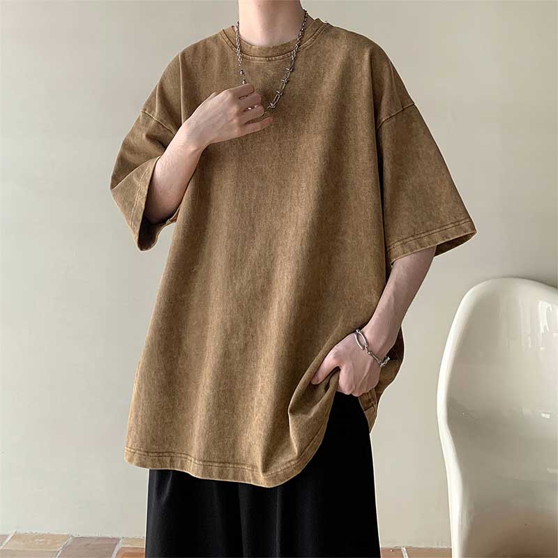 Men's Summer Loose Solid Color Neutral Style Retro All-match Round Neck Short Sleeves