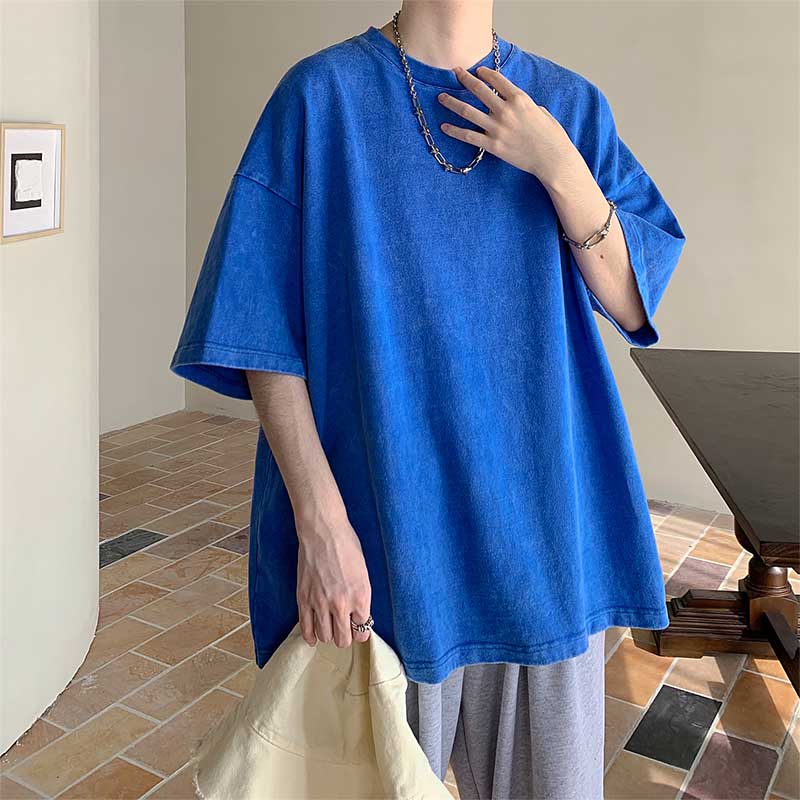 Men's Summer Loose Solid Color Neutral Style Retro All-match Round Neck Short Sleeves