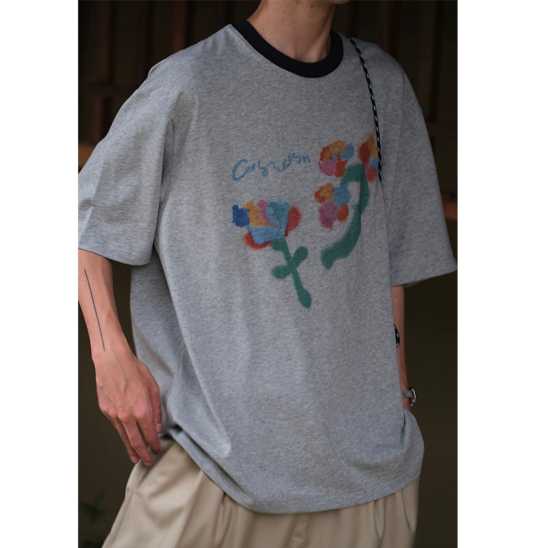Floral Loose Crew Neck Cotton Short Sleeve T-Shirt