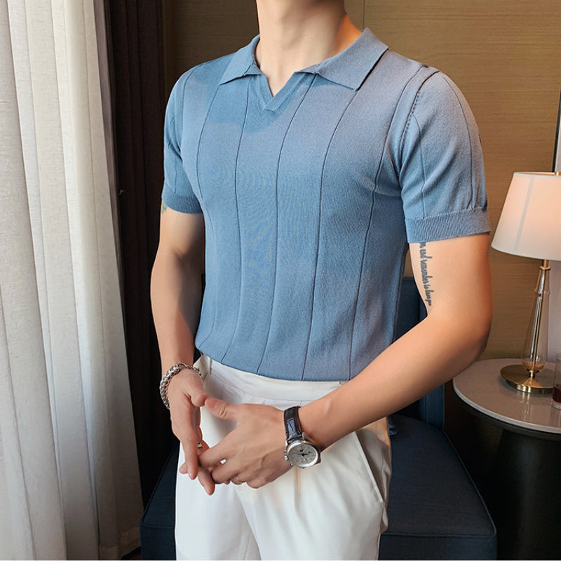 Men's Summer Business V-neck Knitted POLO T-shirt