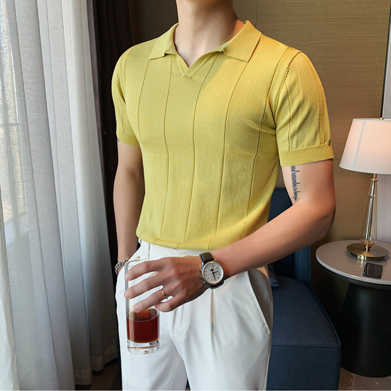 Men's Summer Business V-neck Knitted POLO T-shirt