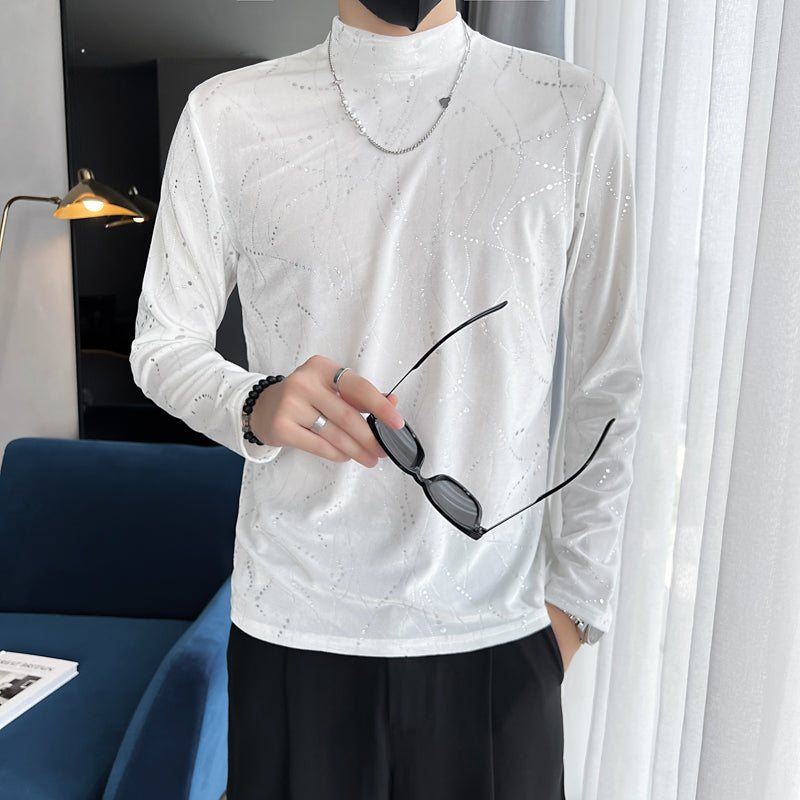 Men's Mock Neck Printed Sequin T-Shirt