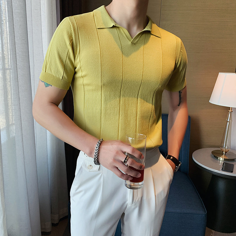 Men's Summer Business V-neck Knitted POLO T-shirt