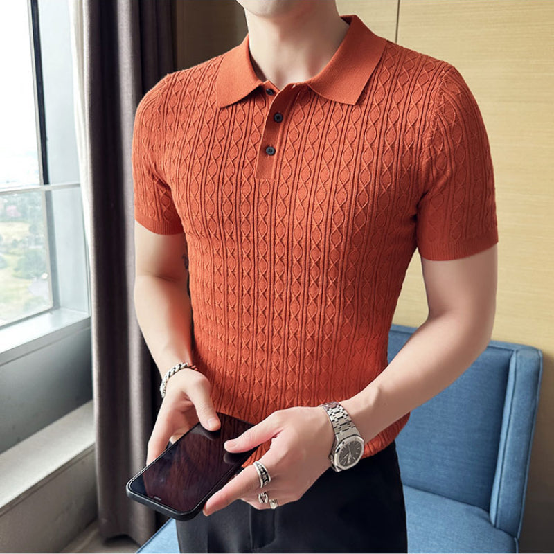 Men's Knitted Short-sleeved Polo Shirt Business Slim High-end Striped T-shirt