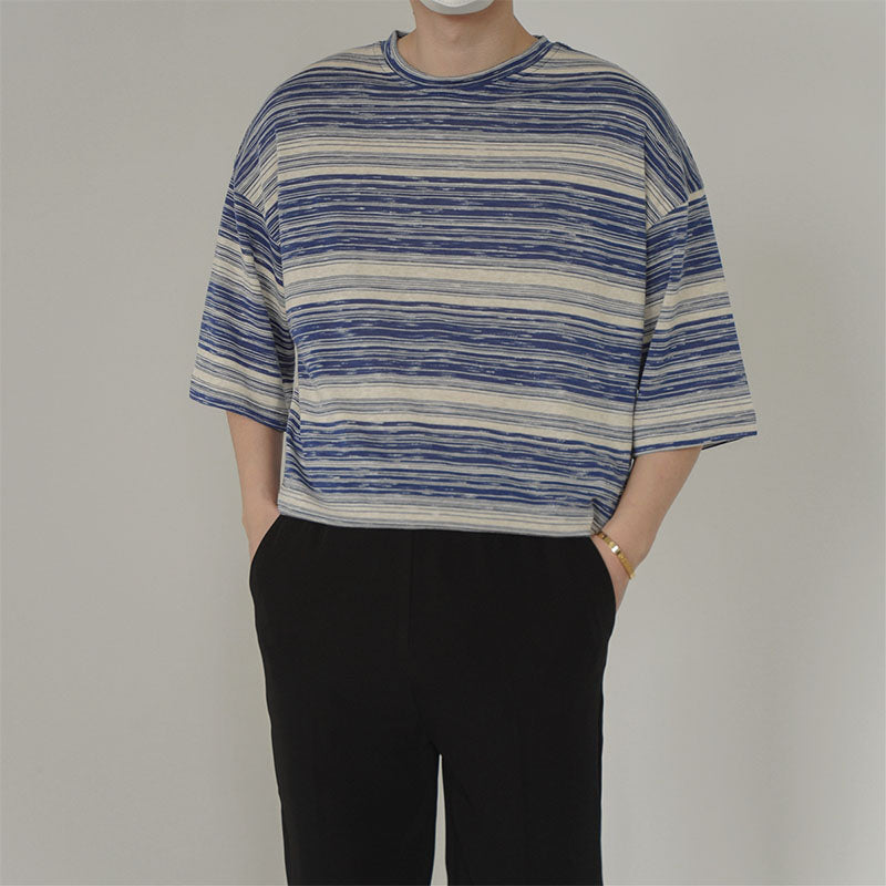 Retro Casual Loose Striped Round Neck Short Sleeve T-Shirt
