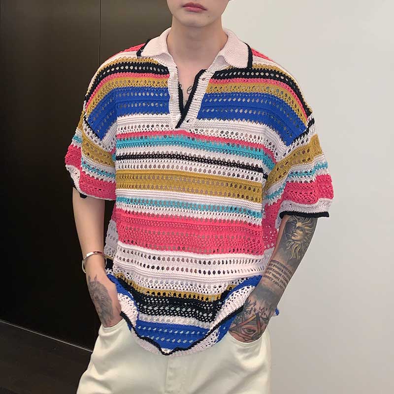 Multicolored Cutout Lapel Striped Polo T-Shirt