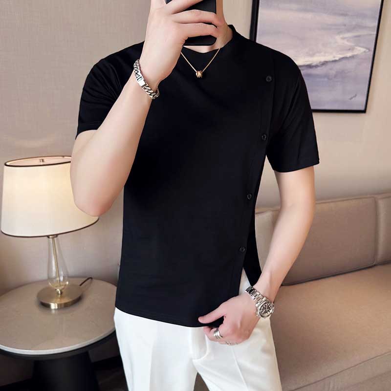 Men's Casual Business Slim Slit Round Neck Short Sleeve T-Shirt