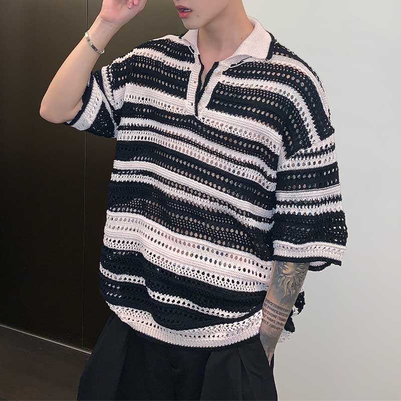 Multicolored Cutout Lapel Striped Polo T-Shirt