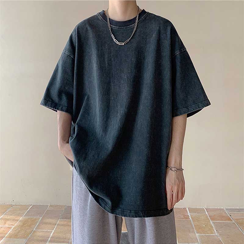 Men's Summer Loose Solid Color Neutral Style Retro All-match Round Neck Short Sleeves