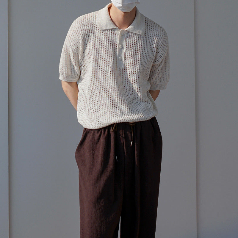 Men's Knit Short Sleeve Polo Shirt Vintage Solid T-Shirt