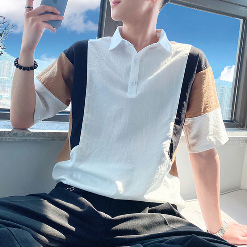 Men's Stitching Color Contrast Lapel Short Sleeve T-Shirt