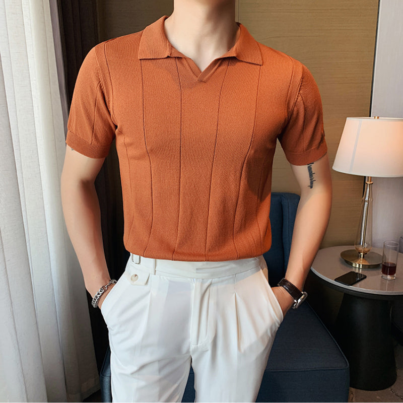 Men's Summer Business V-neck Knitted POLO T-shirt