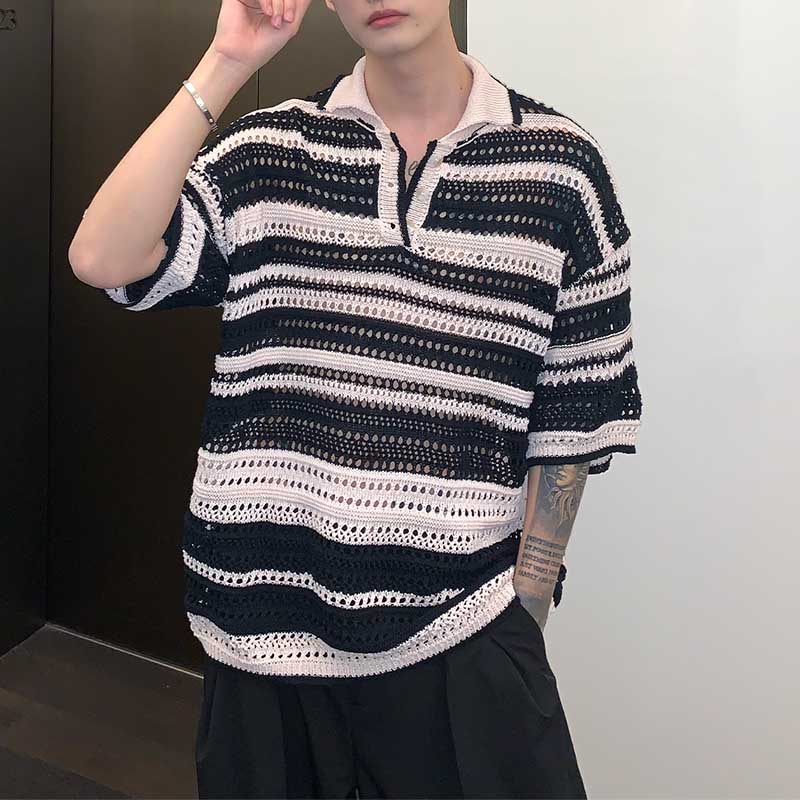 Multicolored Cutout Lapel Striped Polo T-Shirt