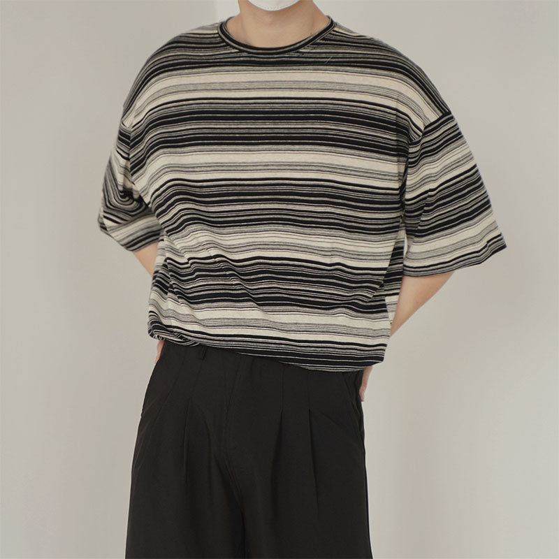 Retro Casual Loose Striped Round Neck Short Sleeve T-Shirt