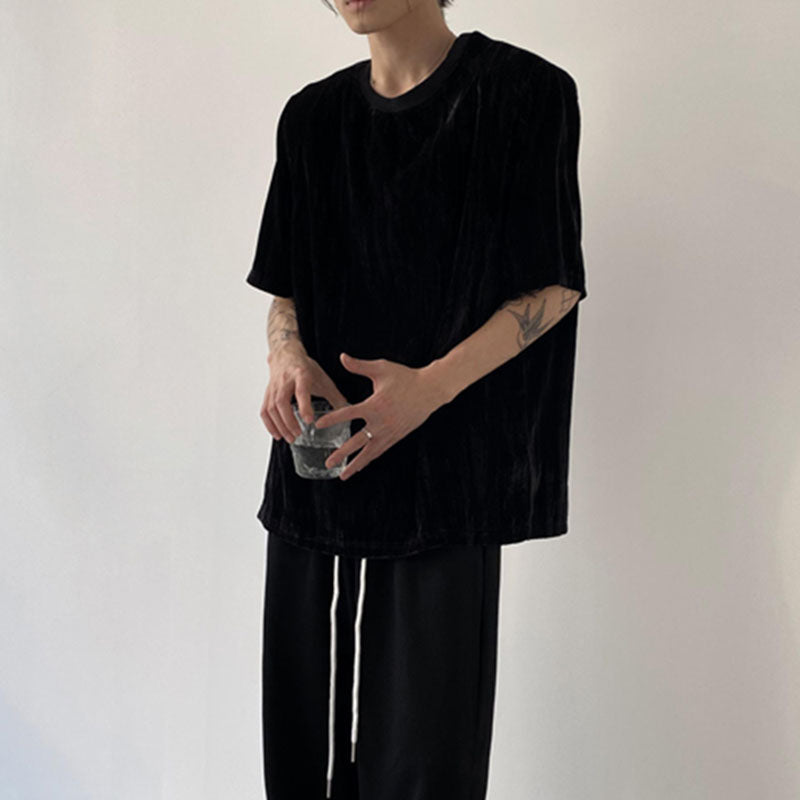 Men's Crinkled Velvet Oversized Padded T-Shirt