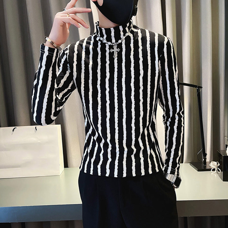 Men's Half Turtleneck Long-sleeved Striped Bottoming T-shirt