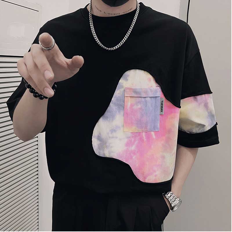 Men's Summer Round Neck Tie-dye Stitching Short-sleeved T-shirt