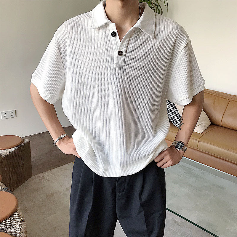 Waffle Polo Shirt Short Sleeve Lapel T-Shirt