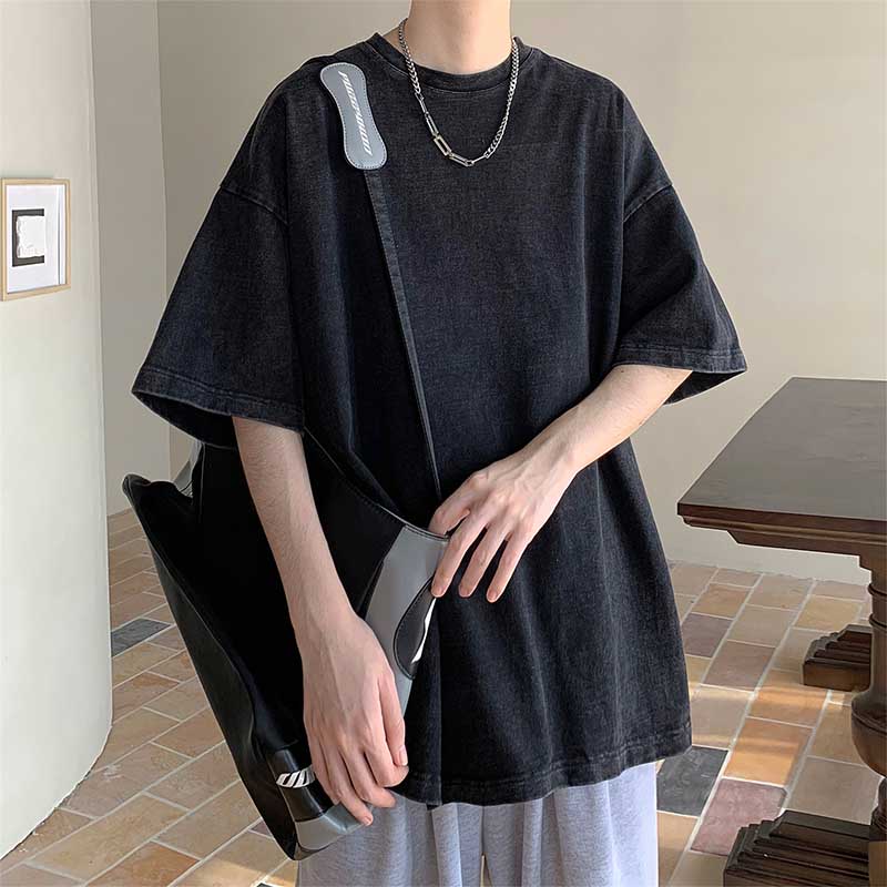 Men's Summer Loose Solid Color Neutral Style Retro All-match Round Neck Short Sleeves