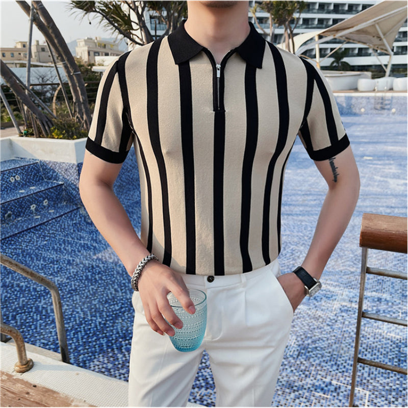 Men's British Business Contrast Stripe Zipper Slim Lapel Knit T-Shirt