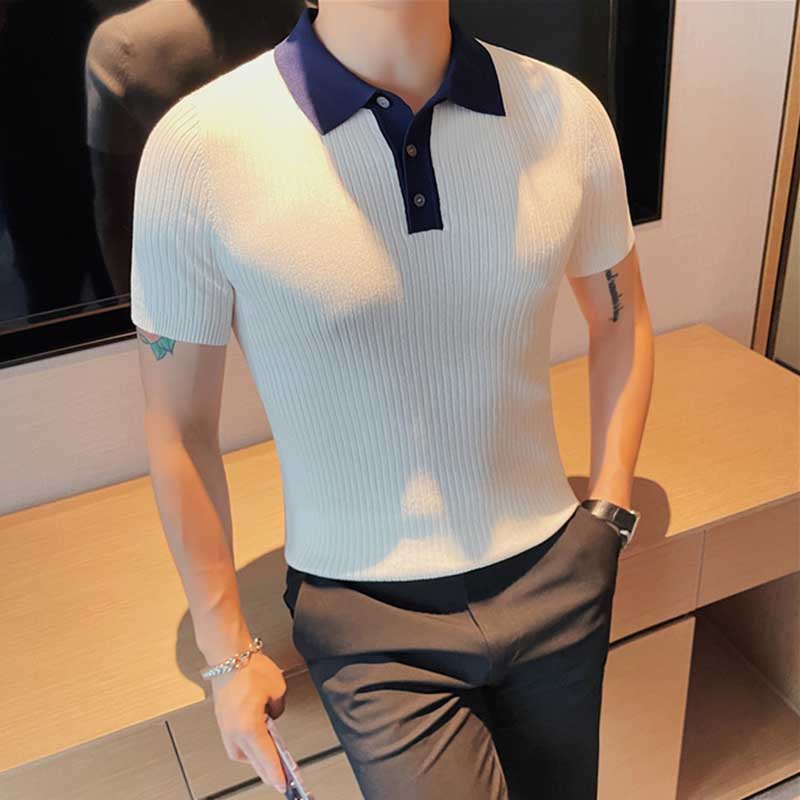 Men's Business Knitted Polo Collar Ice Silk Short-sleeved T-shirt