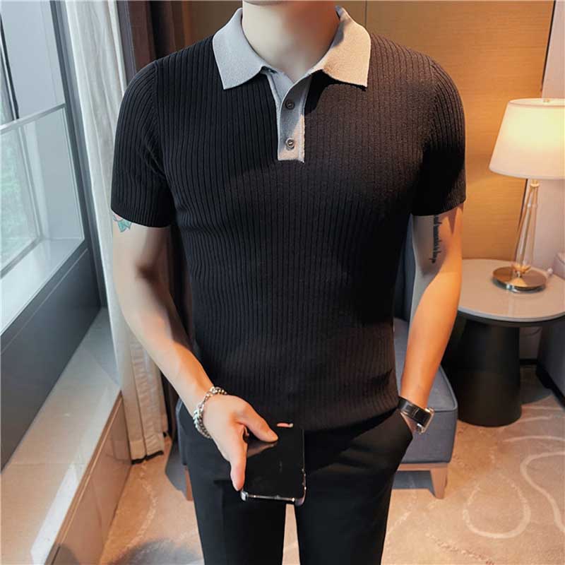 Men's Business Knitted Polo Collar Ice Silk Short-sleeved T-shirt