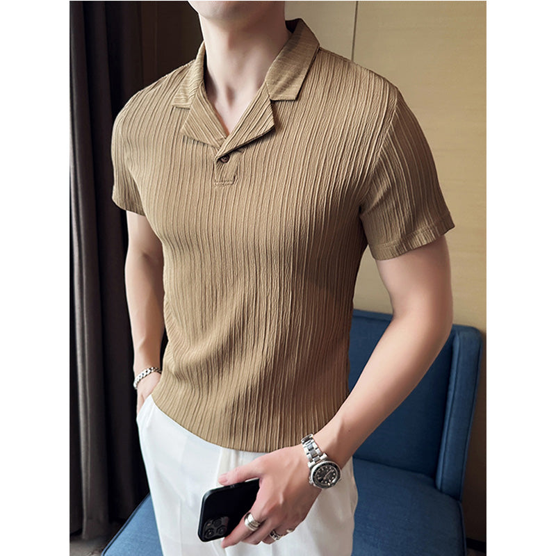 Men's Casual Slim Vertical Striped Short Sleeved Top