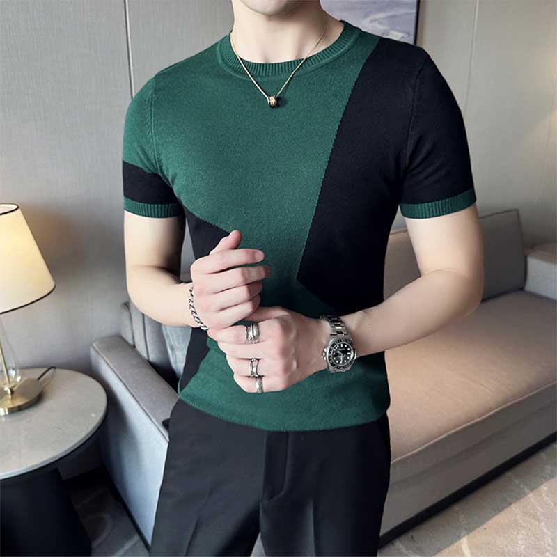 Men's British Business Slim Round Neck Color Matching Knit Half Sleeve T-Shirt