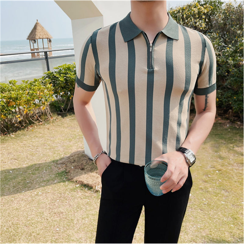 Men's British Business Contrast Stripe Zipper Slim Lapel Knit T-Shirt
