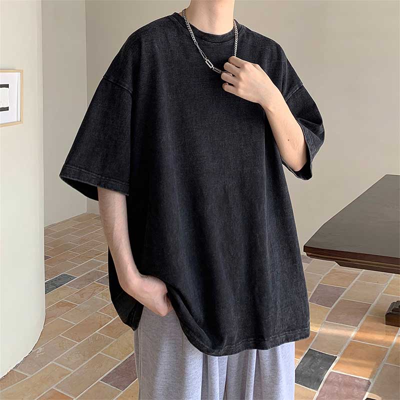 Men's Summer Loose Solid Color Neutral Style Retro All-match Round Neck Short Sleeves