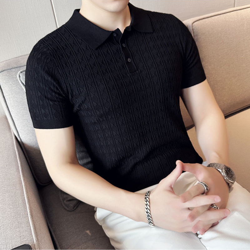 Men's Knitted Short-sleeved Polo Shirt Business Slim High-end Striped T-shirt