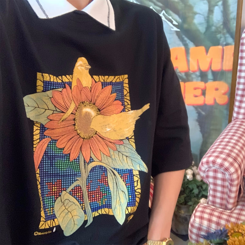 Vintage Sunflower Polo Collar Short Sleeves