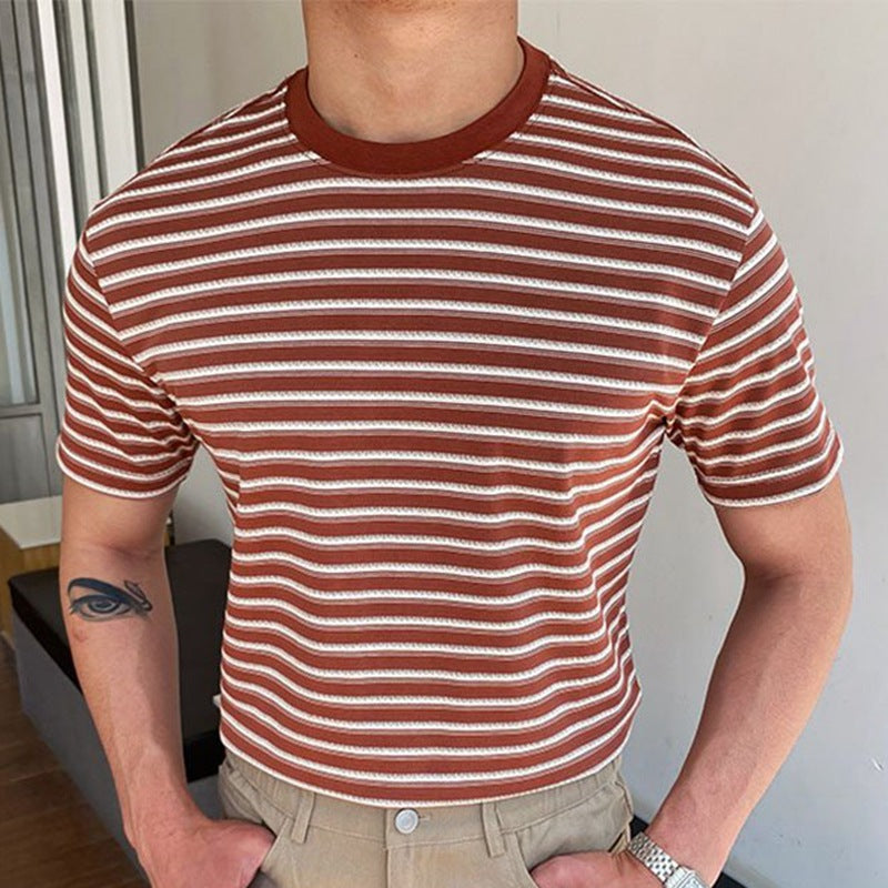 Men Retro Casual Red Stripe Crew Neck Short Sleeves Knit T-Shirt