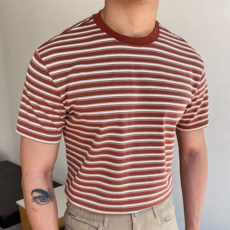 Men Retro Casual Red Stripe Crew Neck Short Sleeves Knit T-Shirt