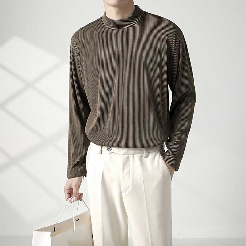 Men's Half High Neck Round Neck Loose Long Sleeve Solid Color T-Shirt