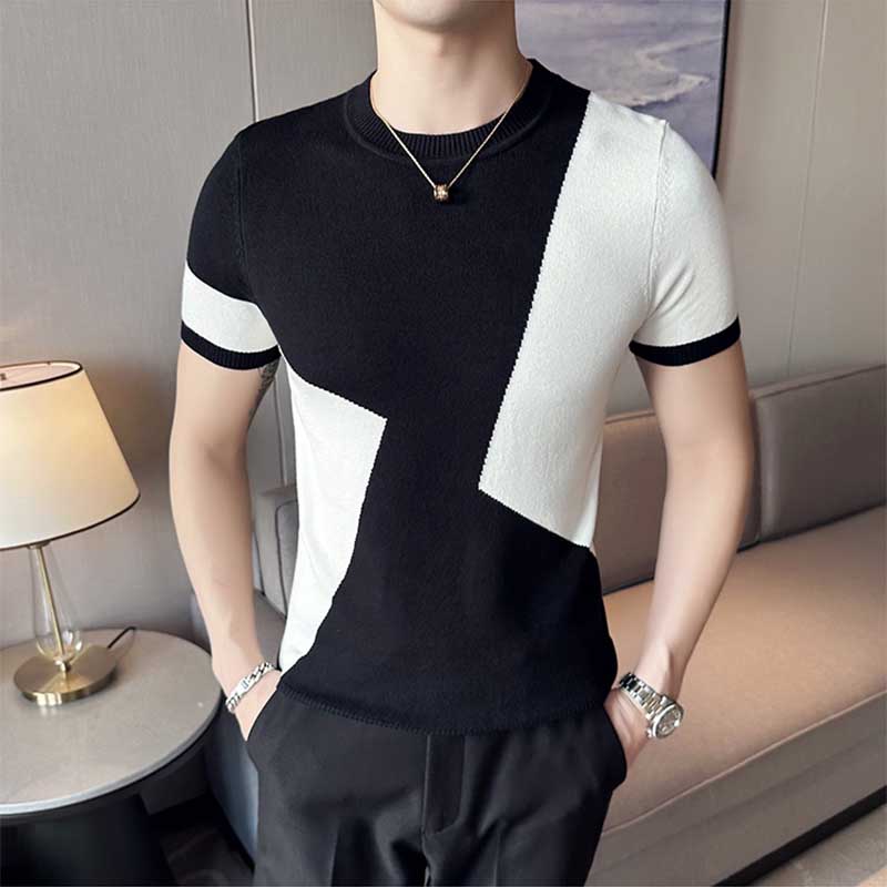 Men's British Business Slim Round Neck Color Matching Knit Half Sleeve T-Shirt