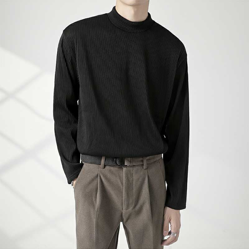 Men's Half High Neck Round Neck Loose Long Sleeve Solid Color T-Shirt