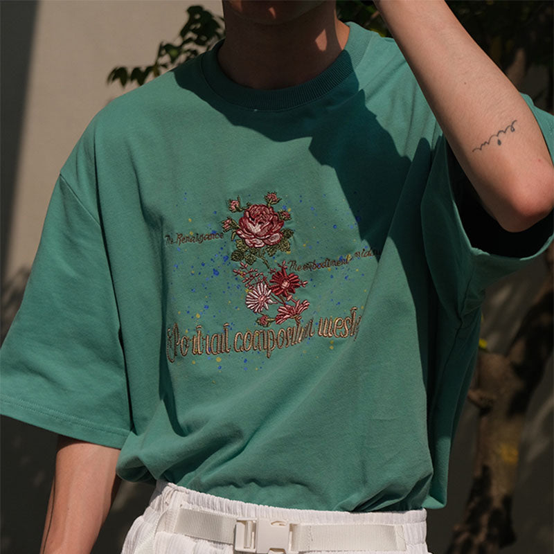 Rose Embroidered Cotton Vintage T-Shirt