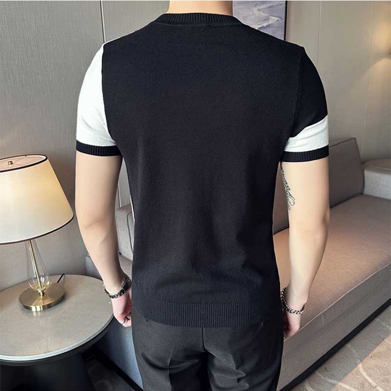 Men's British Business Slim Round Neck Color Matching Knit Half Sleeve T-Shirt