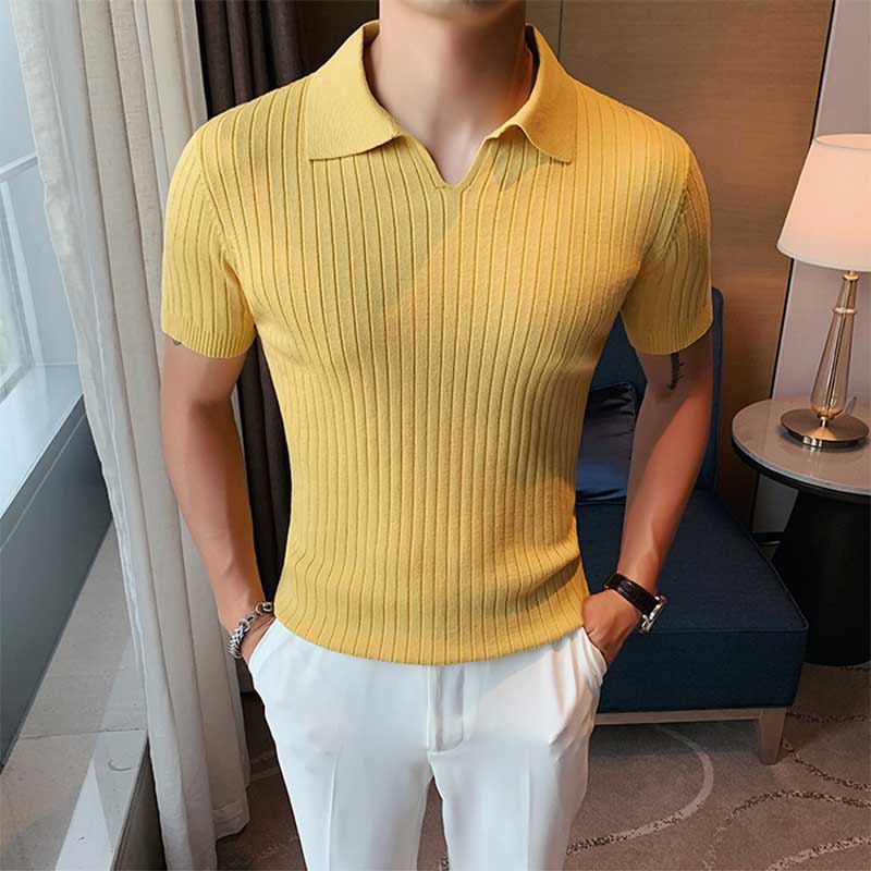 Men's Business British Striped Knitted Polo Shirt V Lapel Short-sleeved Slim Fit T-shirt