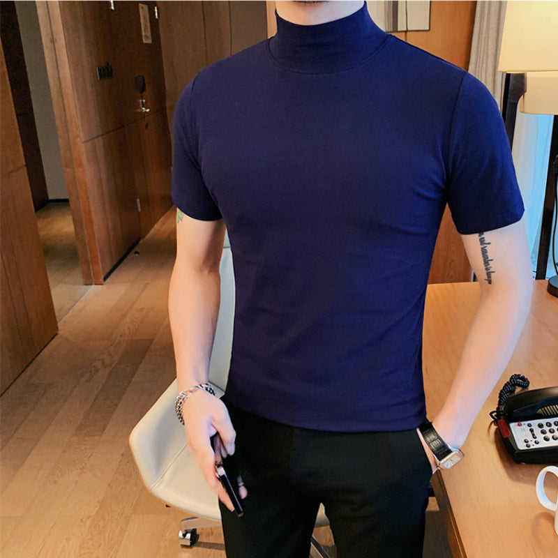 Men's Summer Business Slim Solid Color Half Turtleneck Short Sleeve T-Shirt