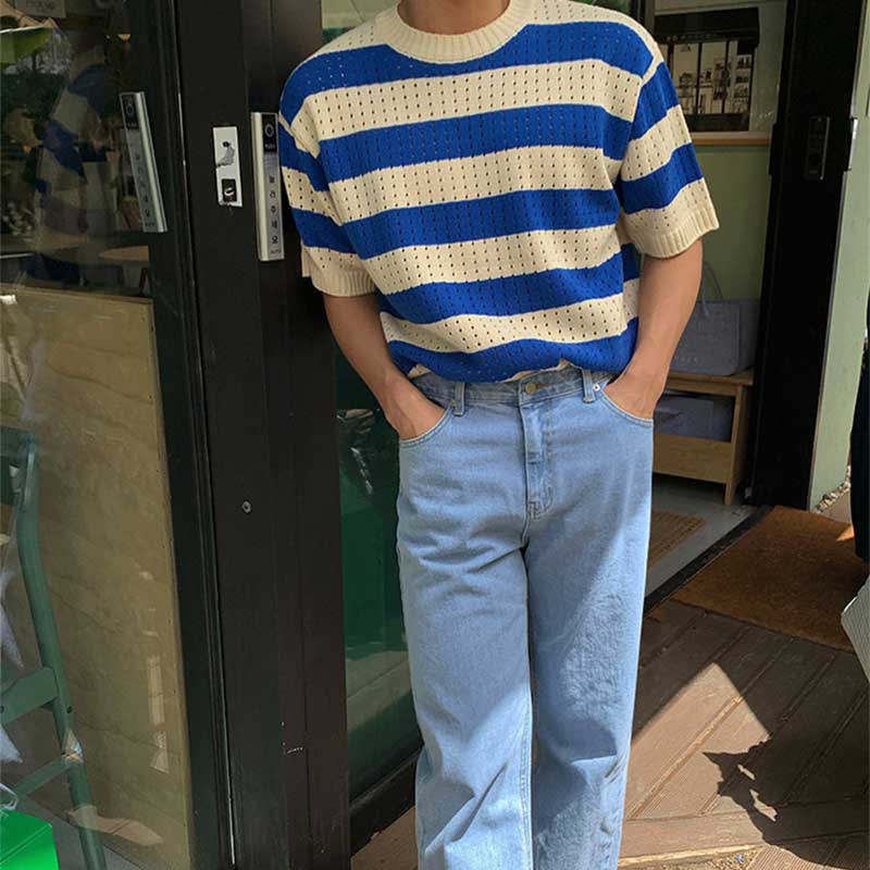 Round Neck Loose Striped Half-sleeve Knitted T-shirt
