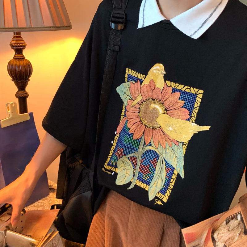 Vintage Sunflower Polo Collar Short Sleeves